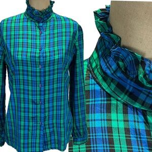 VINTAGE 80s tartan blackwatch plaid button down shirt blouse high‎ ruffle neck